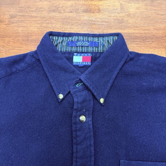 Vtg Tommy Hilfiger Wool Blend Blue Button Down Shirt Pocket Crest Men's XL - Picture 5 of 12